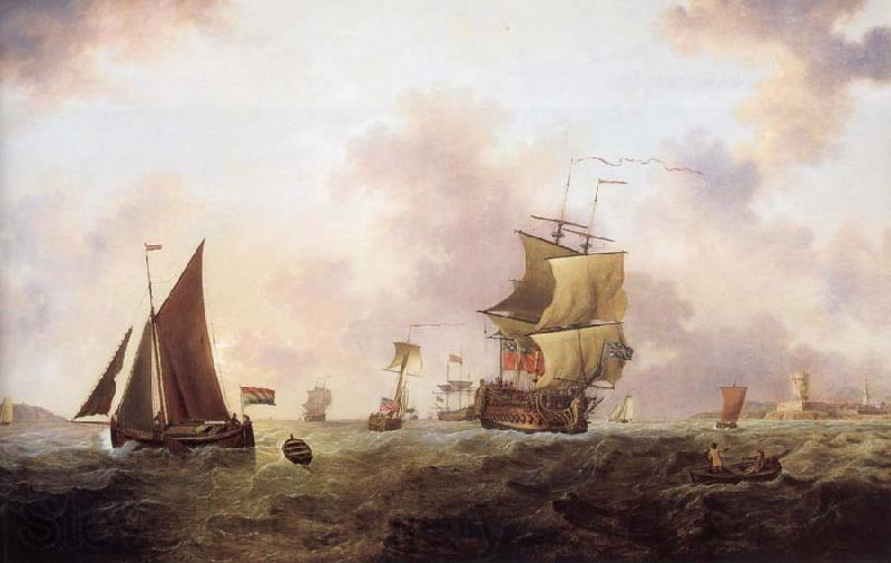 Francis Swaine A two-decker of the Royal Navy and other shipping off St.Peter Port